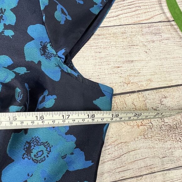 Lulus Navy Blue Satin Mini Dress Teal Cap Sleeve Pleated Floral Fit n Fl… - Picture 9 of 10